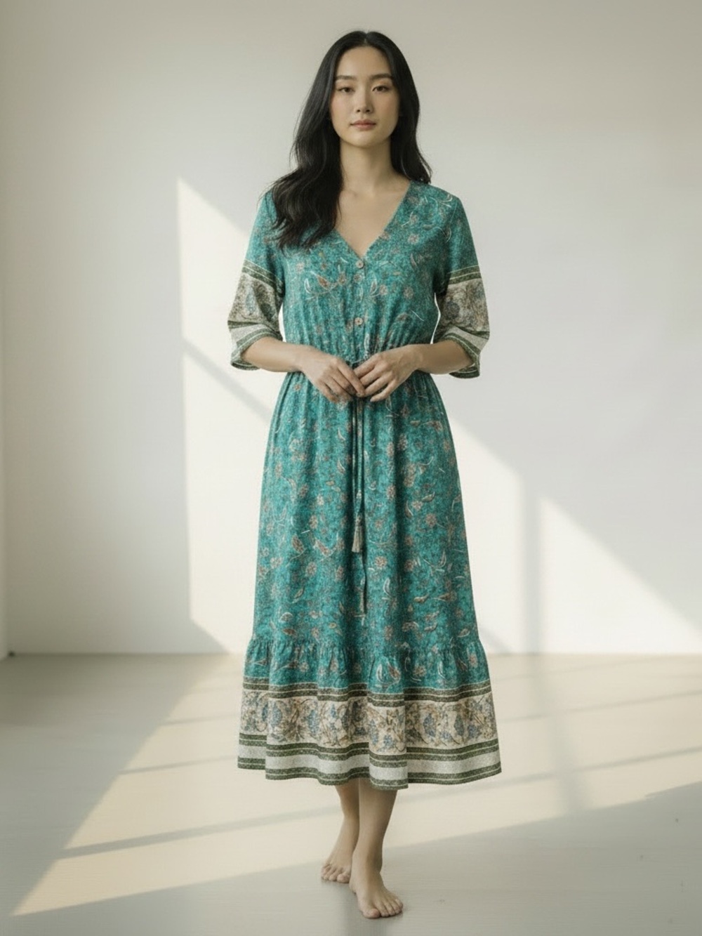 NWT Teal Floral Boho Dress Large Tie Waist Ruffle Hem Flirty